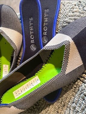 Rothy's Black & White Knit Flats with Neon Green Insole and Blue Trim